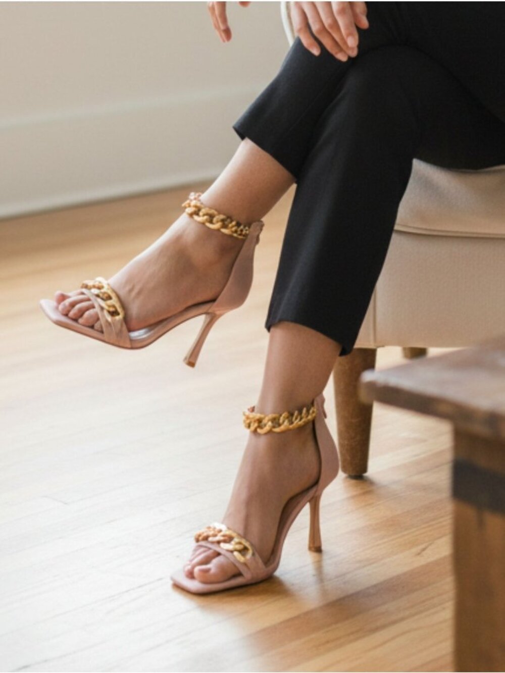Blush Pink High Heel Sandals With Gold Chain Ankle Strap Square Toe Back Zipper - Picture 3 of 12